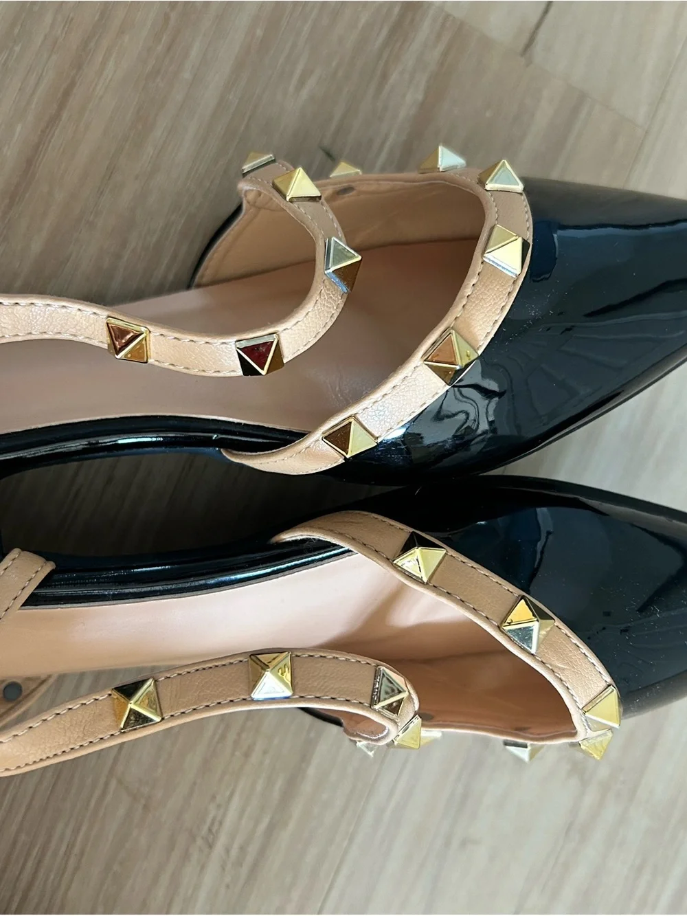 Studded Pointed-Toe Slingback Flats in Black and Nude